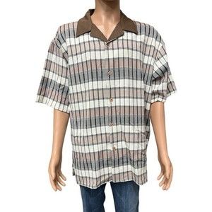 Montique Brown White Plaid Short Sleeve Polyester Button Up Shirt Men's XL